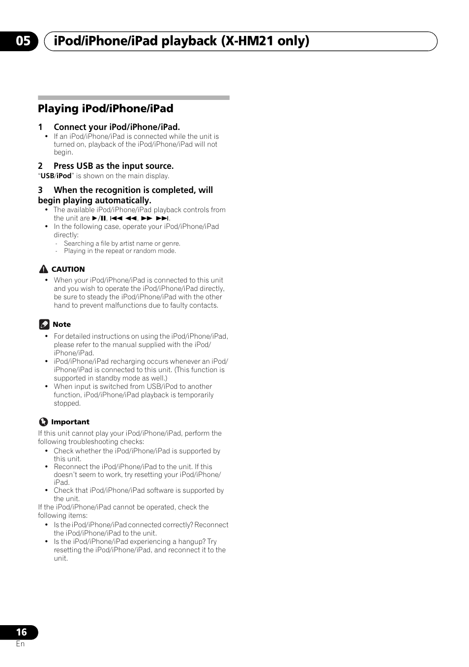 Playing ipod/iphone/ipad, Ipod/iphone/ipad playback (x-hm21 only) 05 | Pioneer X-HM21-K User Manual | Page 16 / 228