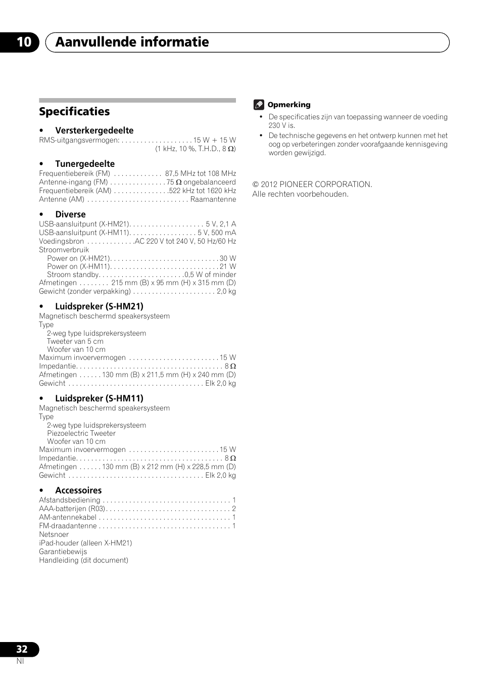 Specificaties, Aanvullende informatie 10 | Pioneer X-HM21-K User Manual | Page 160 / 228