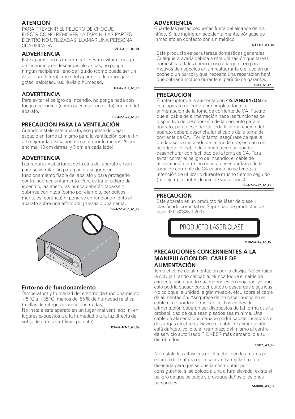 X-hm21_11_syxe8_es, Producto laser clase 1, Precaución | Advertencia, Entorno de funcionamiento, Precaución para la ventilación, Atención | Pioneer X-HM21-K User Manual | Page 162 / 228