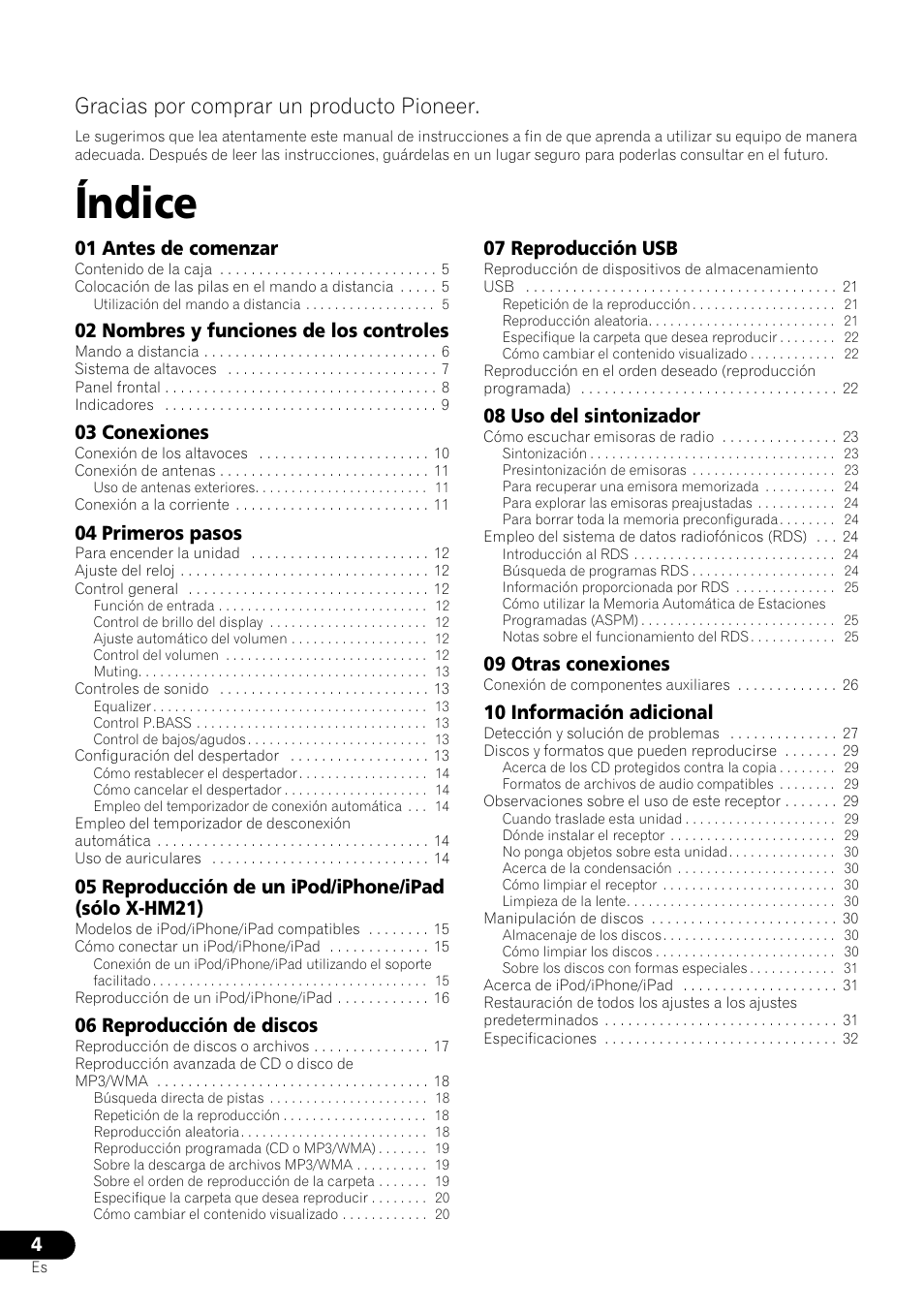 Sistema receptor de cd, Manual de instrucciones, Índice | Gracias por comprar un producto pioneer | Pioneer X-HM21-K User Manual | Page 164 / 228