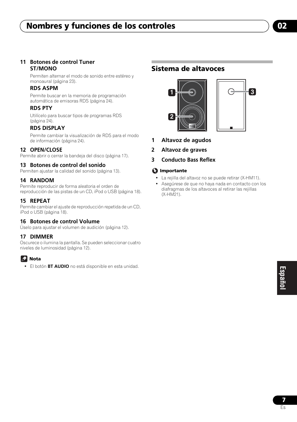 Sistema de altavoces, Nombres y funciones de los controles 02 | Pioneer X-HM21-K User Manual | Page 167 / 228
