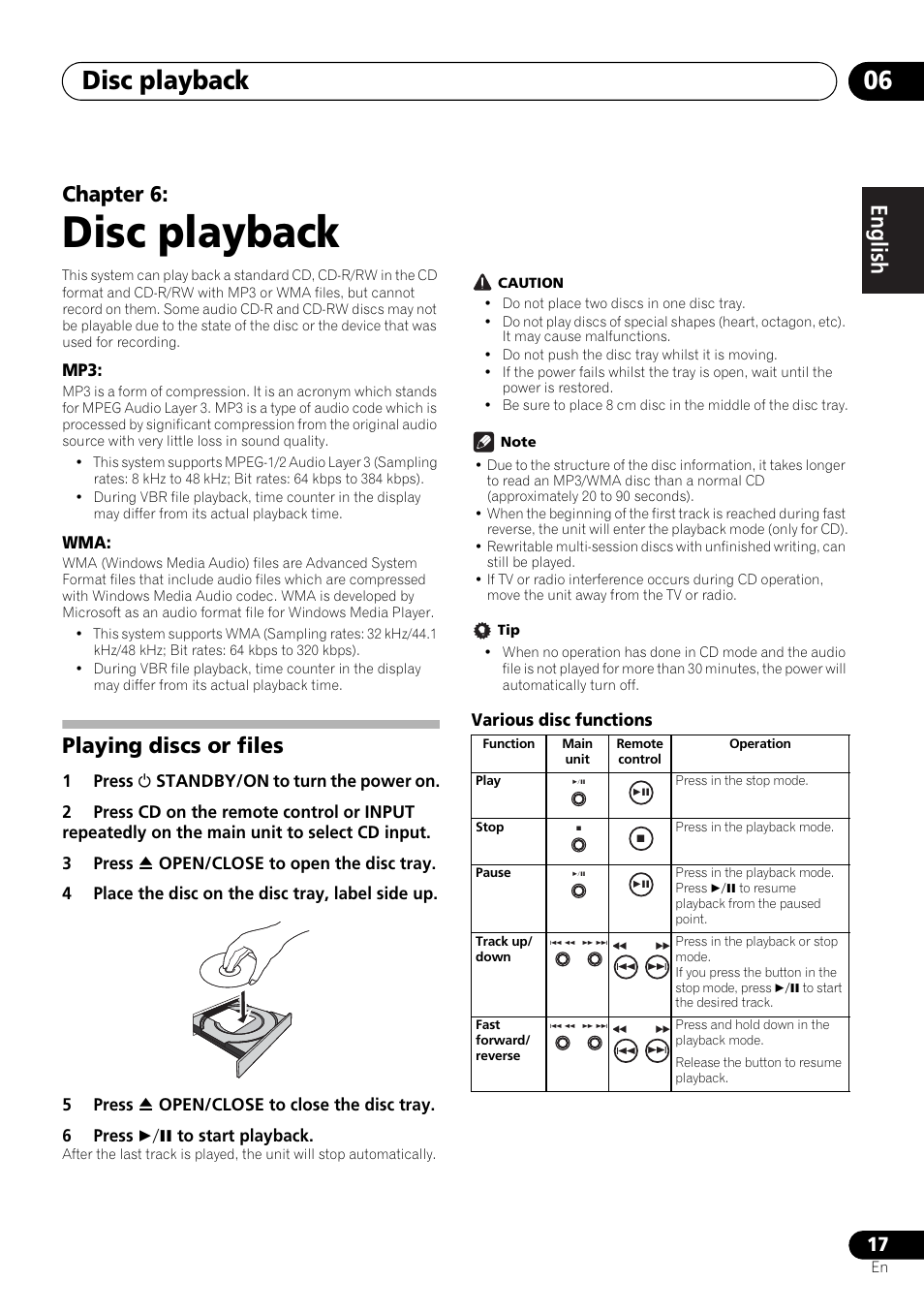 06 disc playback, Playing discs or files, Disc playback | Disc playback 06, English français español, Chapter 6 | Pioneer X-HM21-K User Manual | Page 17 / 228