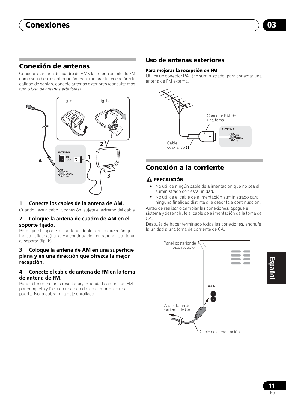 Conexión de antenas, Uso de antenas exteriores, Conexión a la corriente | Conexiones 03 | Pioneer X-HM21-K User Manual | Page 171 / 228