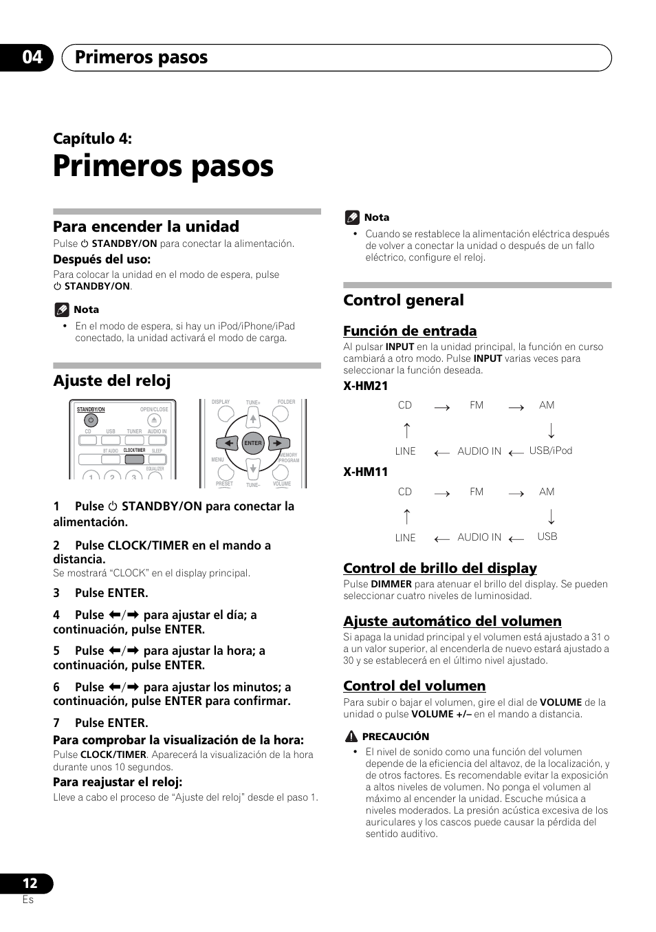 04 primeros pasos, Primeros pasos, Primeros pasos 04 | Capítulo 4, Para encender la unidad, Ajuste del reloj, Control general, Función de entrada, Control de brillo del display, Ajuste automático del volumen | Pioneer X-HM21-K User Manual | Page 172 / 228