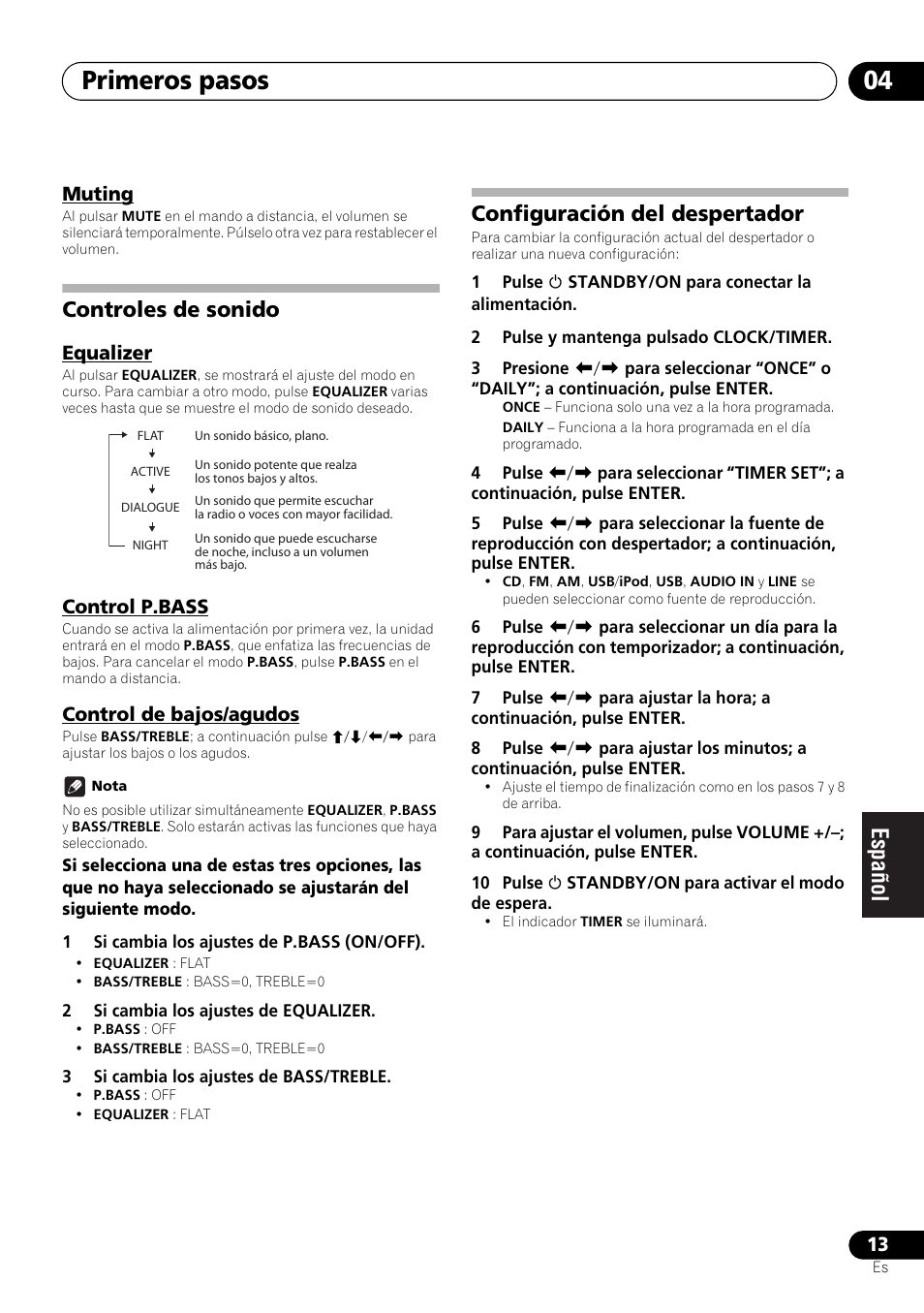 Muting, Controles de sonido, Equalizer control p.bass control de bajos/agudos | Configuración del despertador, Primeros pasos 04 | Pioneer X-HM21-K User Manual | Page 173 / 228