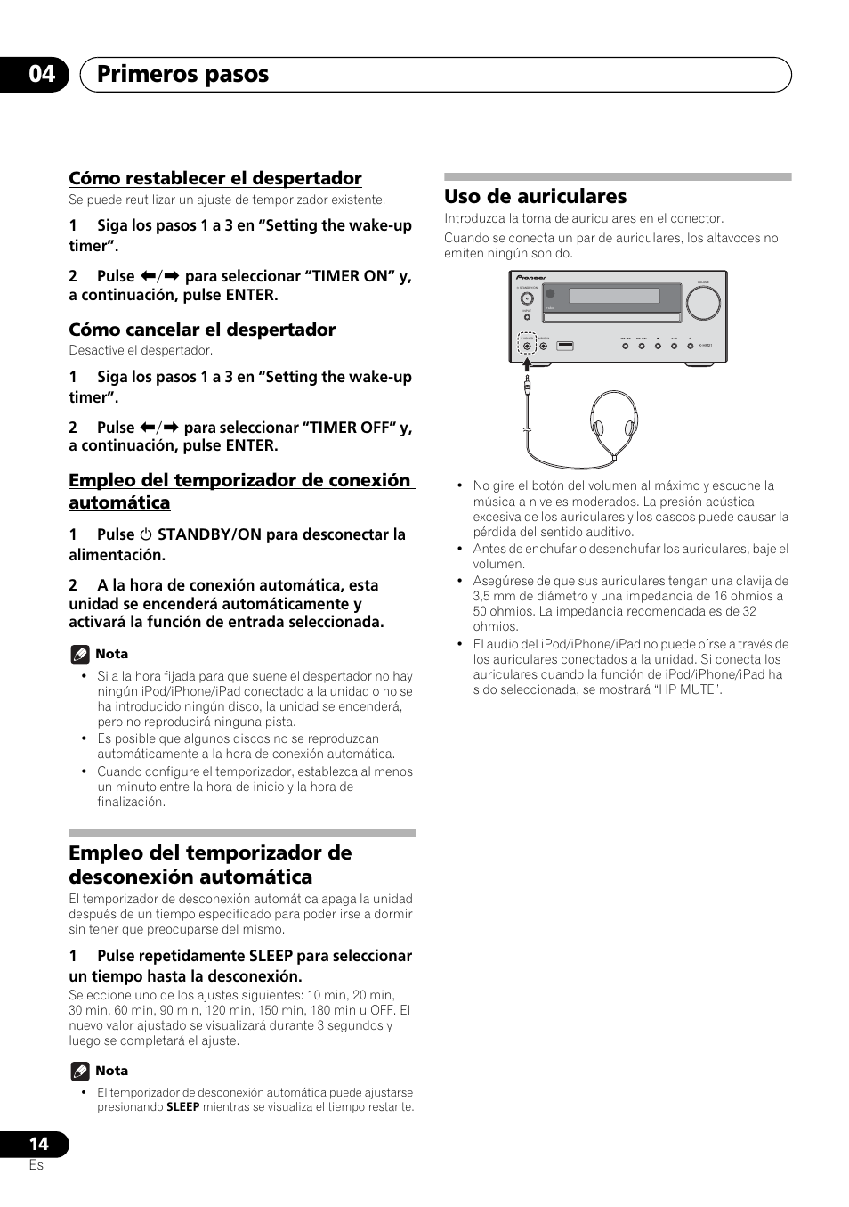 Primeros pasos 04, Empleo del temporizador de desconexión automática, Uso de auriculares | Cómo restablecer el despertador, Cómo cancelar el despertador, Empleo del temporizador de conexión automática | Pioneer X-HM21-K User Manual | Page 174 / 228