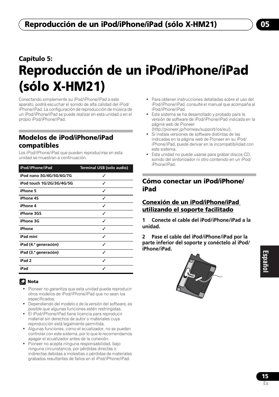 Reproducción de un ipod/iphone/ipad (sólo x-hm21), Capítulo 5, Modelos de ipod/iphone/ipad compatibles | Cómo conectar un ipod/iphone/ ipad | Pioneer X-HM21-K User Manual | Page 175 / 228