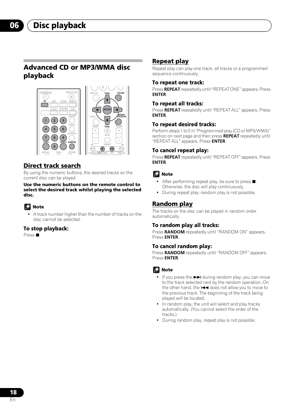 Advanced cd or mp3/wma disc playback, Direct track search repeat play random play, Disc playback 06 | Direct track search, Repeat play, Random play | Pioneer X-HM21-K User Manual | Page 18 / 228