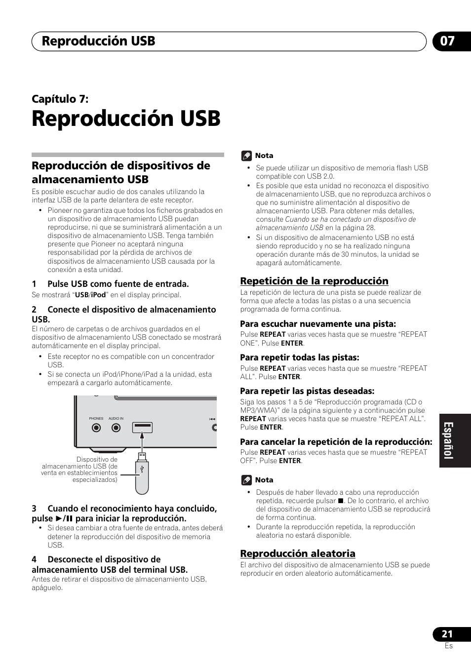 07 reproducción usb, Reproducción de dispositivos de almacenamiento usb, Reproducción usb | Reproducción usb 07, Capítulo 7, Repetición de la reproducción, Reproducción aleatoria | Pioneer X-HM21-K User Manual | Page 181 / 228