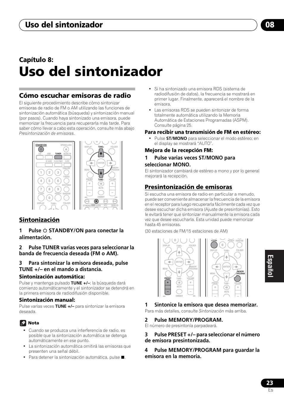 08 uso del sintonizador, Cómo escuchar emisoras de radio, Sintonización presintonización de emisoras | Uso del sintonizador, Uso del sintonizador 08, Capítulo 8, Sintonización, Presintonización de emisoras, Sintonización manual, Para recibir una transmisión de fm en estéreo | Pioneer X-HM21-K User Manual | Page 183 / 228