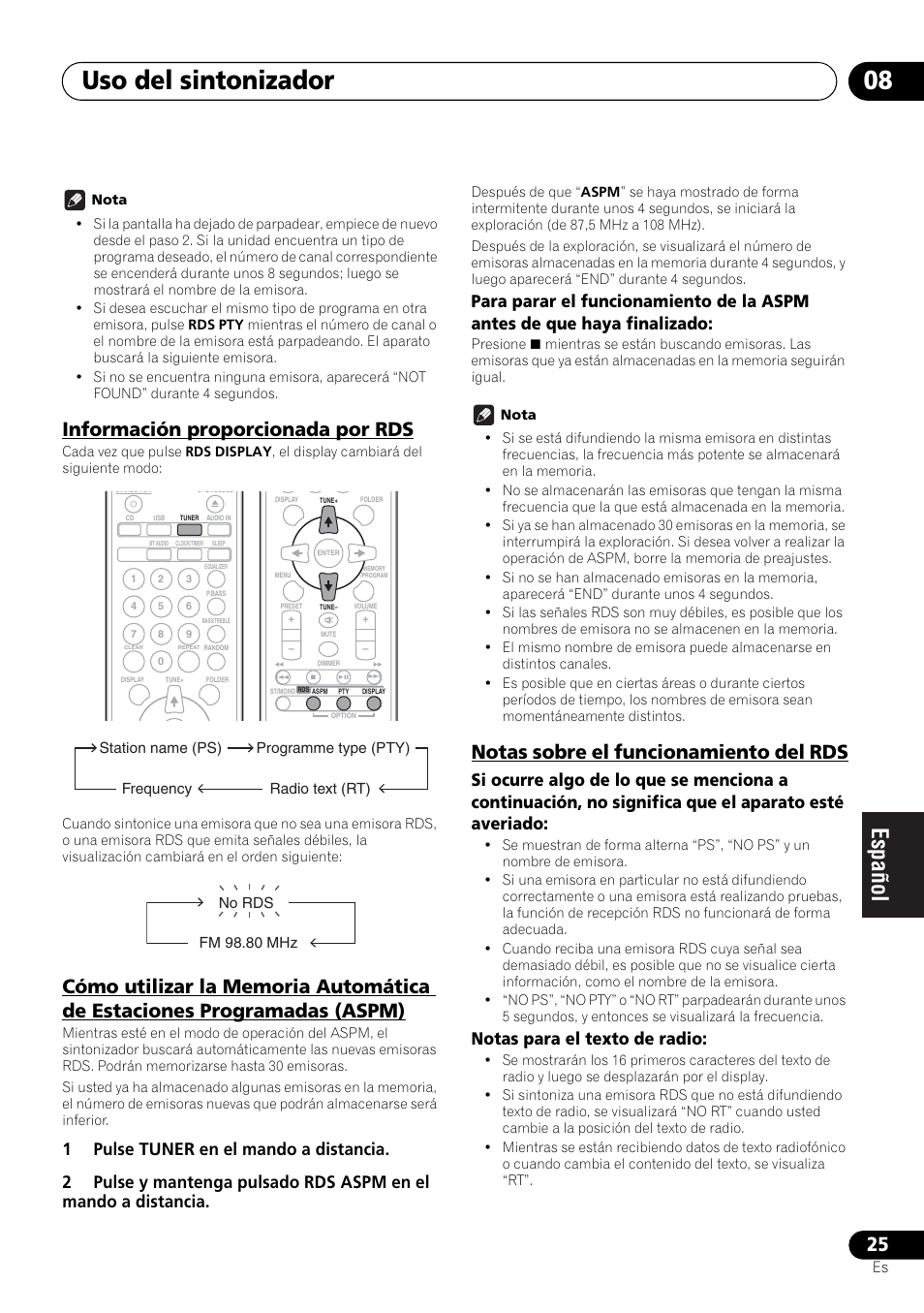 Uso del sintonizador 08, Información proporcionada por rds, Notas sobre el funcionamiento del rds | Notas para el texto de radio | Pioneer X-HM21-K User Manual | Page 185 / 228