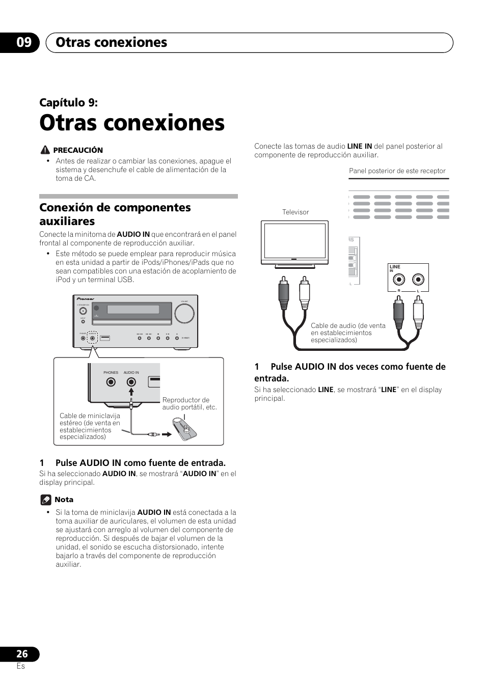 09 otras conexiones, Conexión de componentes auxiliares, Otras conexiones | Otras conexiones 09, Capítulo 9, 1pulse audio in como fuente de entrada, 1pulse audio in dos veces como fuente de entrada | Pioneer X-HM21-K User Manual | Page 186 / 228