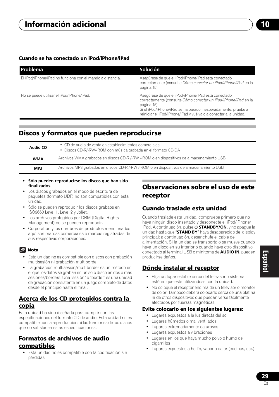 Discos y formatos que pueden reproducirse, Observaciones sobre el uso de este receptor, Información adicional 10 | Acerca de los cd protegidos contra la copia, Formatos de archivos de audio compatibles, Cuando traslade esta unidad, Dónde instalar el receptor | Pioneer X-HM21-K User Manual | Page 189 / 228