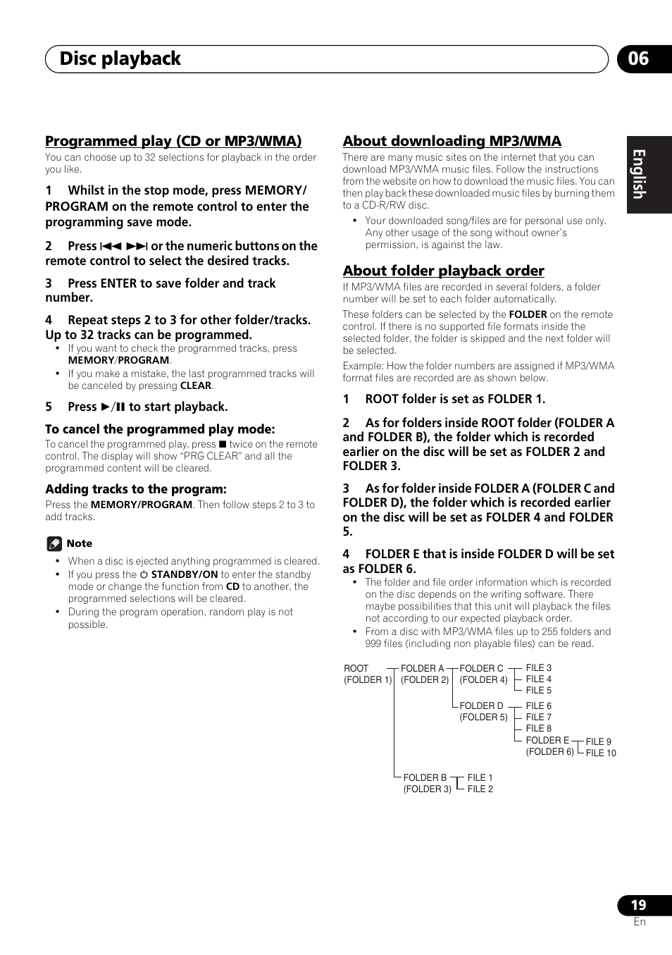 Disc playback 06, English français español, Programmed play (cd or mp3/wma) | About downloading mp3/wma, About folder playback order | Pioneer X-HM21-K User Manual | Page 19 / 228