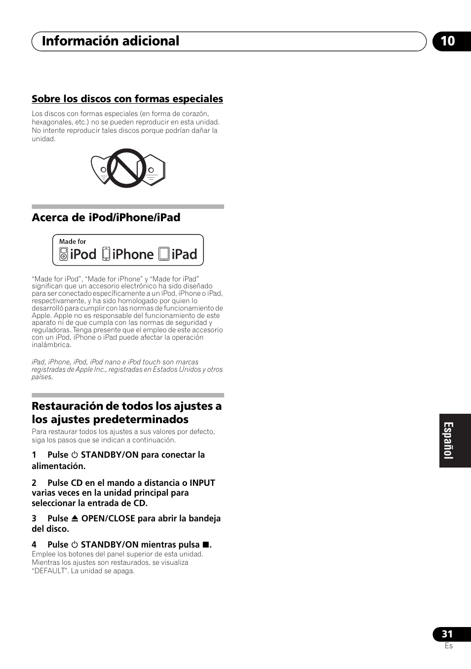 Sobre los discos con formas especiales, Información adicional 10 | Pioneer X-HM21-K User Manual | Page 191 / 228