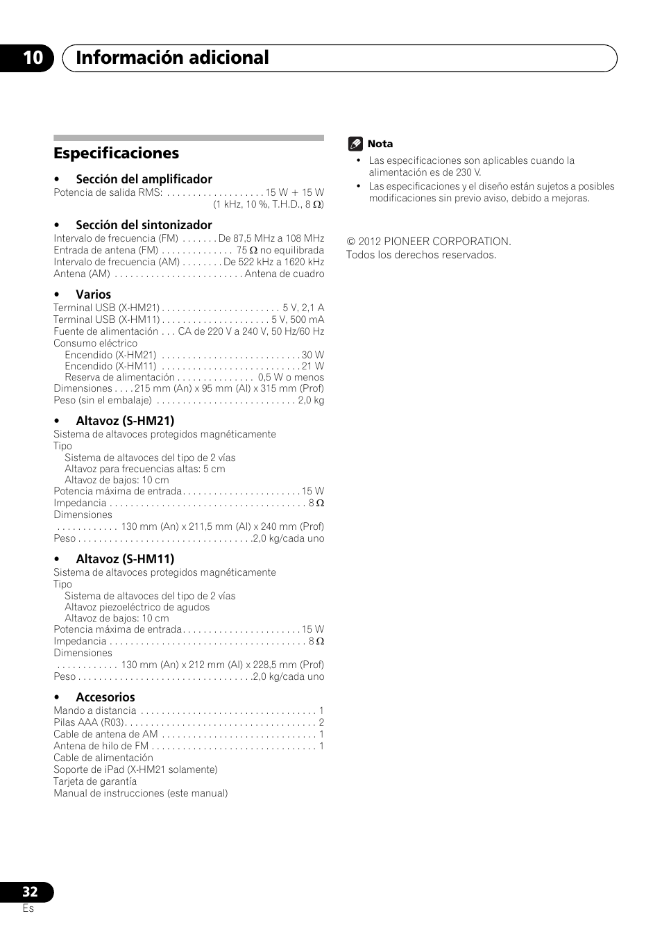 Especificaciones, Información adicional 10 | Pioneer X-HM21-K User Manual | Page 192 / 228