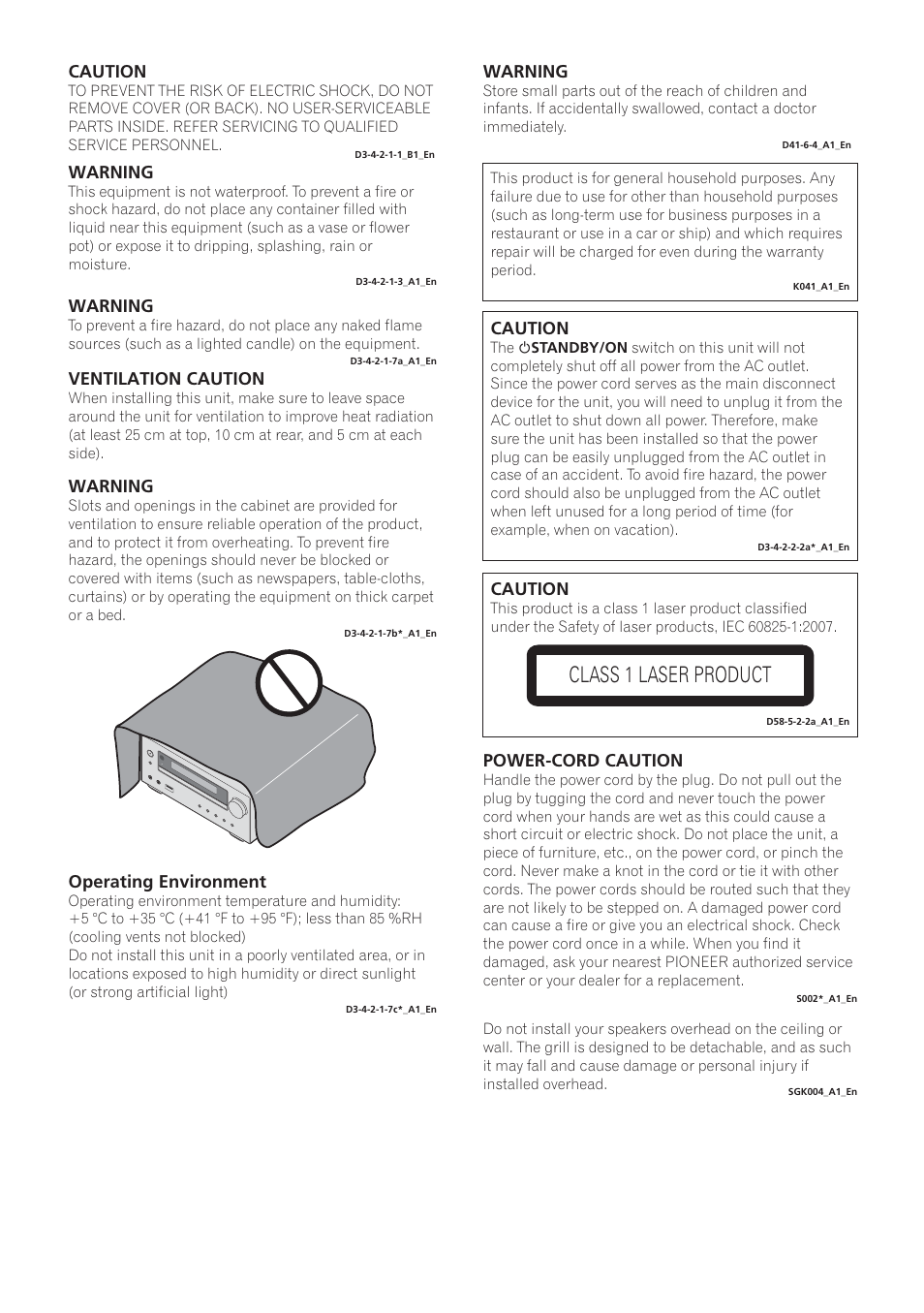 Class 1 laser product, Caution, Warning | Ventilation caution, Operating environment, Power-cord caution | Pioneer X-HM21-K User Manual | Page 2 / 228