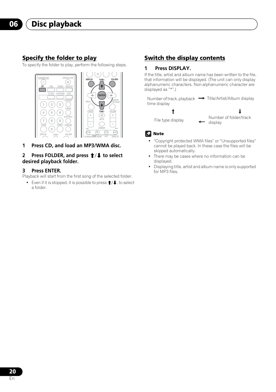 Disc playback 06, Specify the folder to play, Switch the display contents | 1press display | Pioneer X-HM21-K User Manual | Page 20 / 228