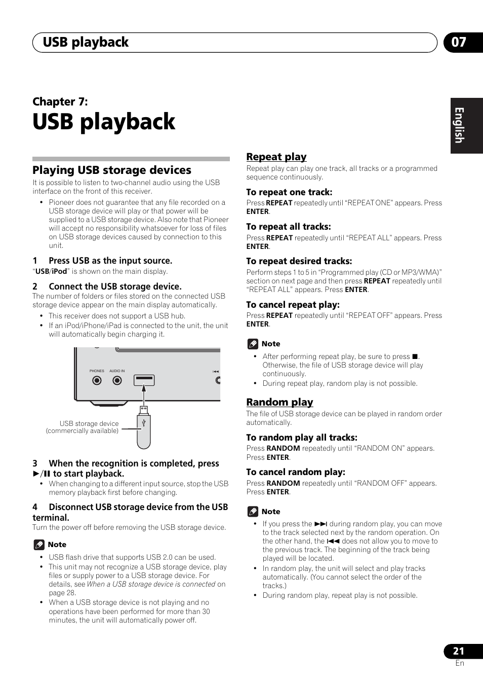 07 usb playback, Playing usb storage devices, Repeat play random play | Usb playback, Usb playback 07, English français español, Chapter 7, Repeat play, Random play | Pioneer X-HM21-K User Manual | Page 21 / 228