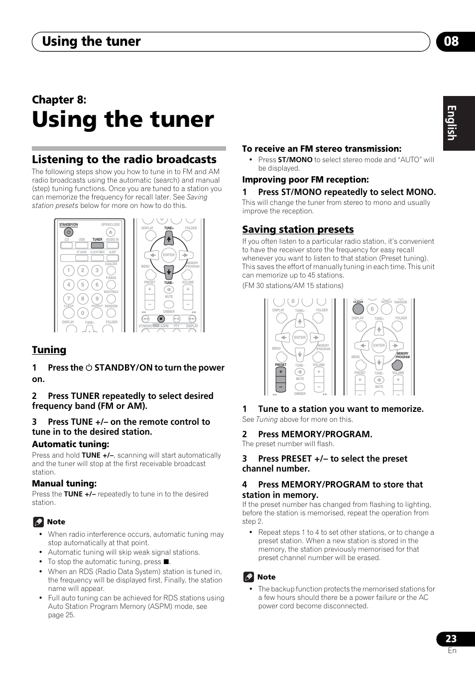 08 using the tuner, Listening to the radio broadcasts, Tuning saving station presets | Using the tuner, Using the tuner 08, English français español, Chapter 8, Tuning, Saving station presets, Manual tuning | Pioneer X-HM21-K User Manual | Page 23 / 228