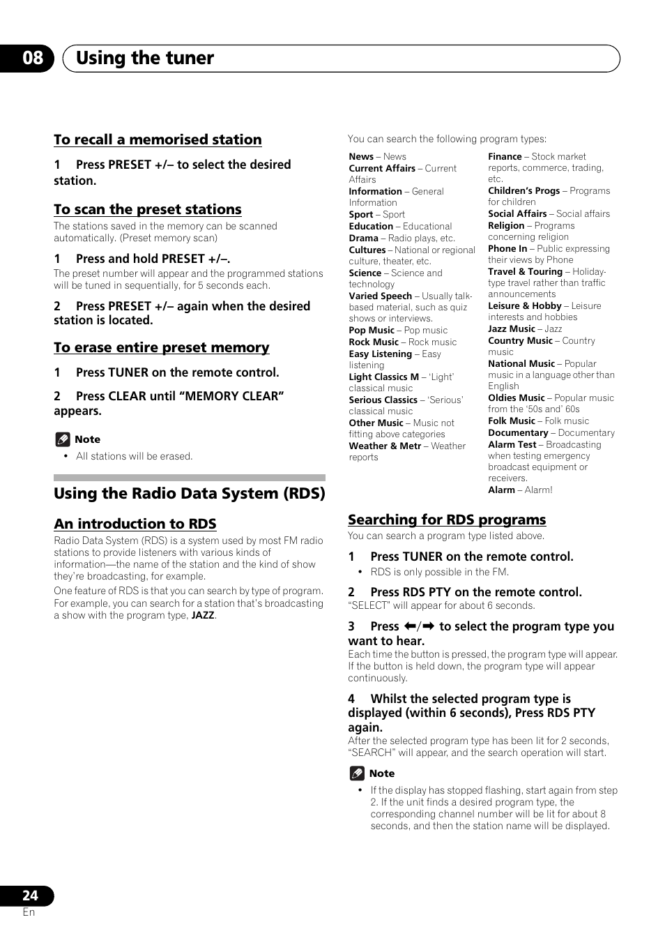 Using the radio data system (rds), An introduction to rds searching for rds programs, Using the tuner 08 | Pioneer X-HM21-K User Manual | Page 24 / 228
