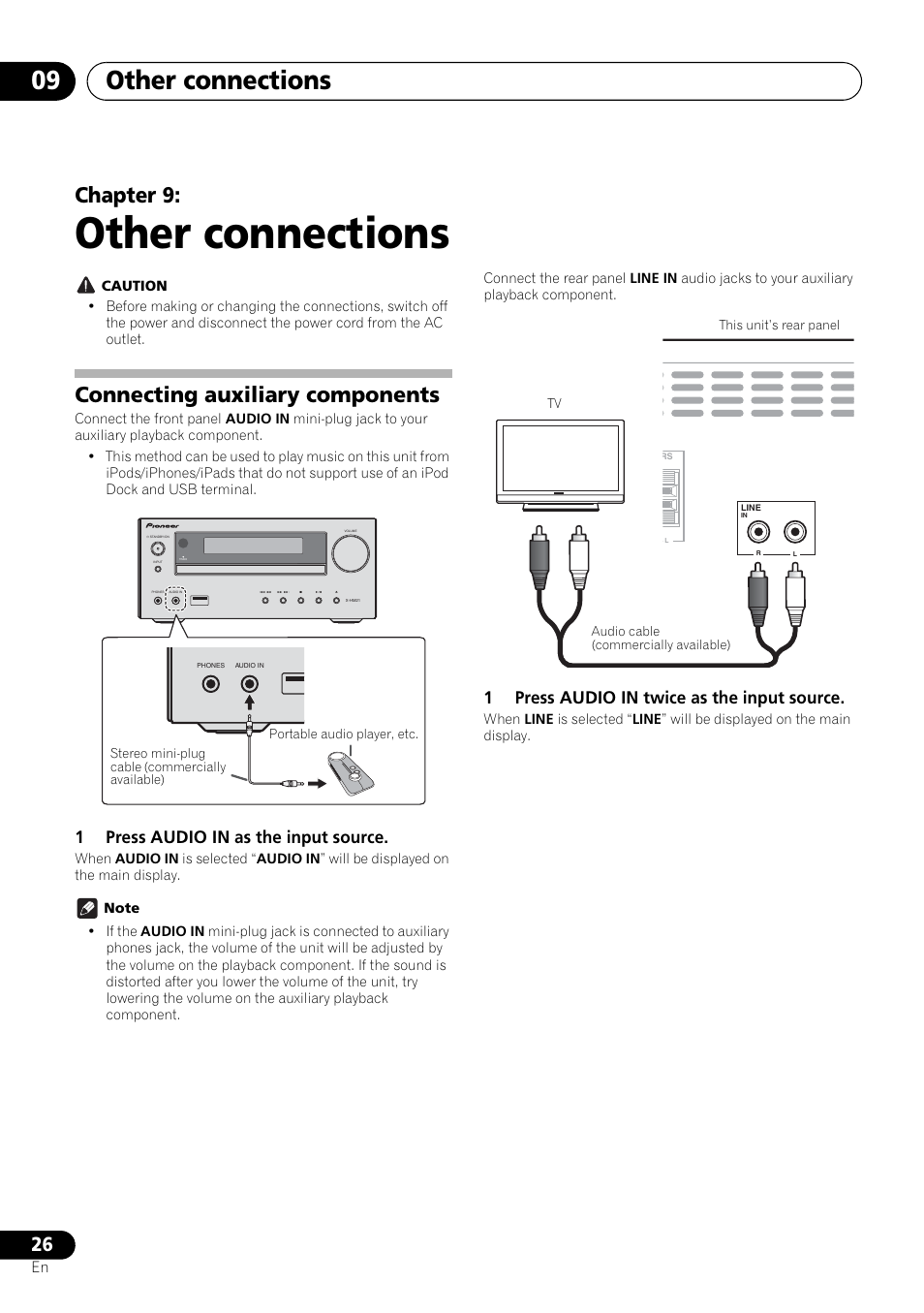 09 other connections, Connecting auxiliary components, Other connections | Other connections 09, Chapter 9, 1press audio in as the input source, 1press audio in twice as the input source | Pioneer X-HM21-K User Manual | Page 26 / 228