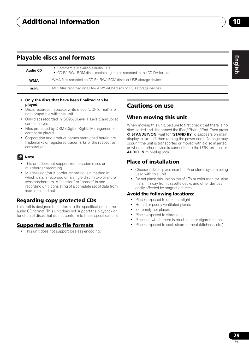 Playable discs and formats, Cautions on use, When moving this unit place of installation | Additional information 10, English français español, Regarding copy protected cds, Supported audio file formats, When moving this unit, Place of installation | Pioneer X-HM21-K User Manual | Page 29 / 228