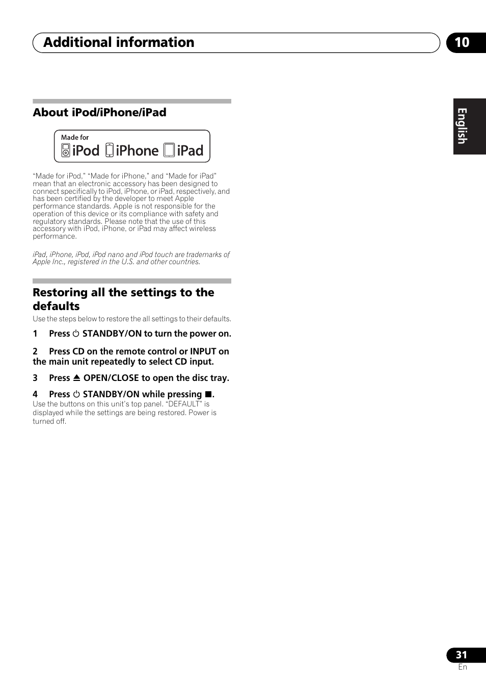 Additional information 10, English français español | Pioneer X-HM21-K User Manual | Page 31 / 228