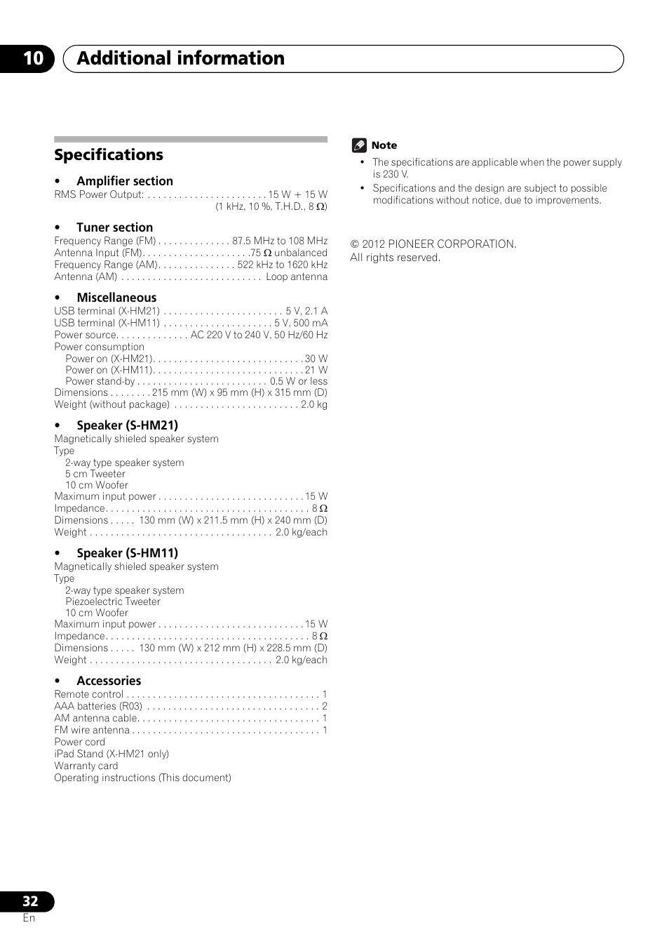 Specifications, Additional information 10 | Pioneer X-HM21-K User Manual | Page 32 / 228