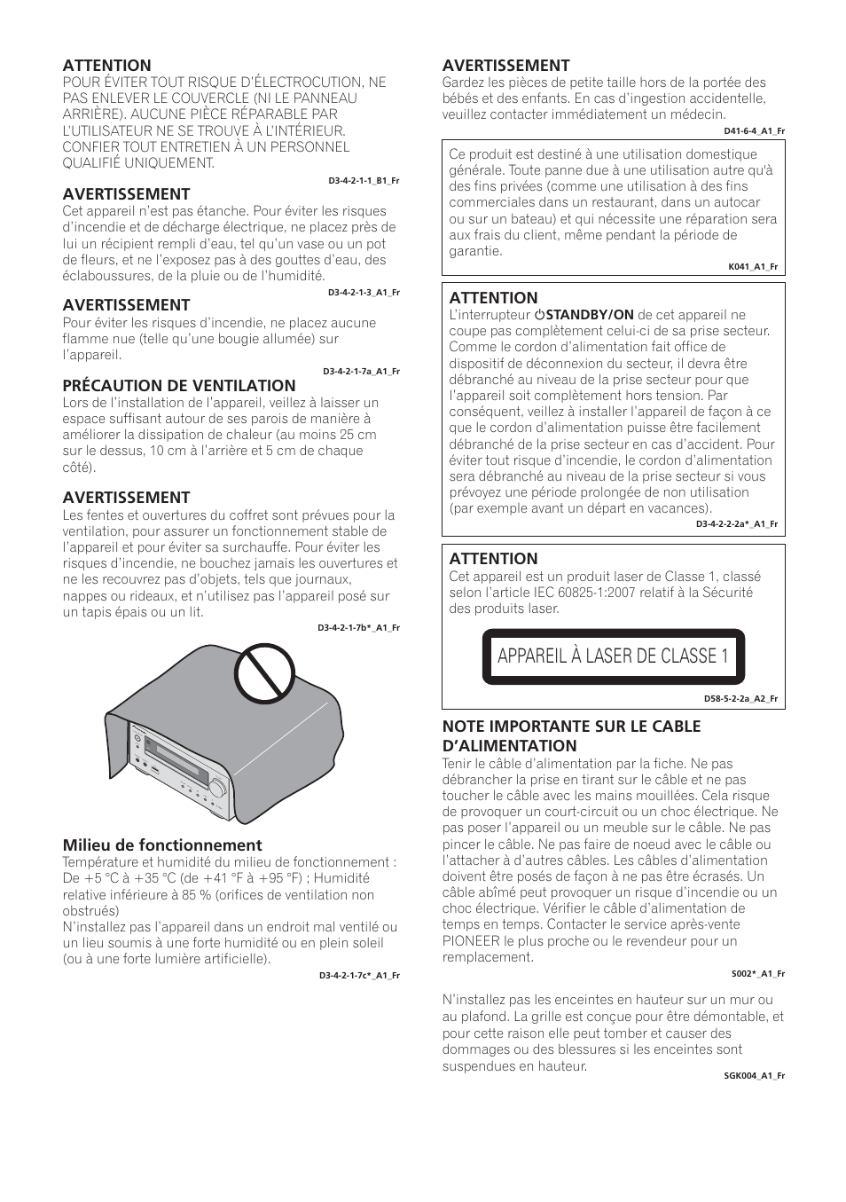 X-hm21_11_syxe8_fr, Appareil à laser de classe 1, Attention | Avertissement, Milieu de fonctionnement, Précaution de ventilation | Pioneer X-HM21-K User Manual | Page 34 / 228