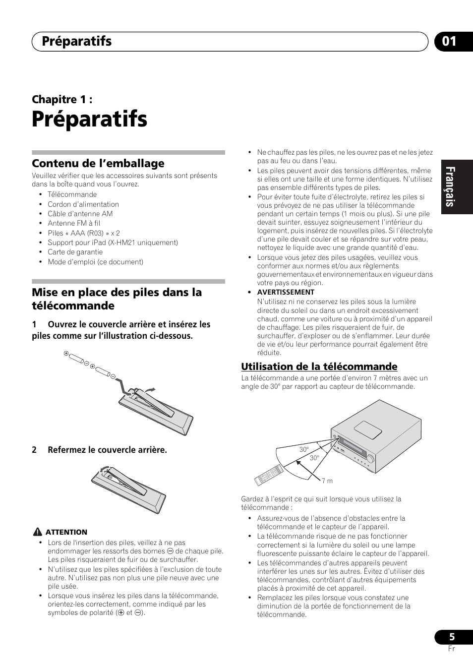 01 préparatifs, Utilisation de la télécommande, Préparatifs | Préparatifs 01, Chapitre 1, Contenu de l’emballage, Mise en place des piles dans la télécommande | Pioneer X-HM21-K User Manual | Page 37 / 228