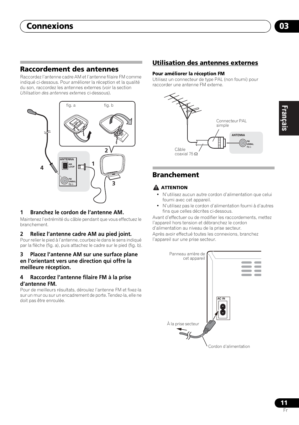 Raccordement des antennes, Utilisation des antennes externes, Branchement | Connexions 03 | Pioneer X-HM21-K User Manual | Page 43 / 228