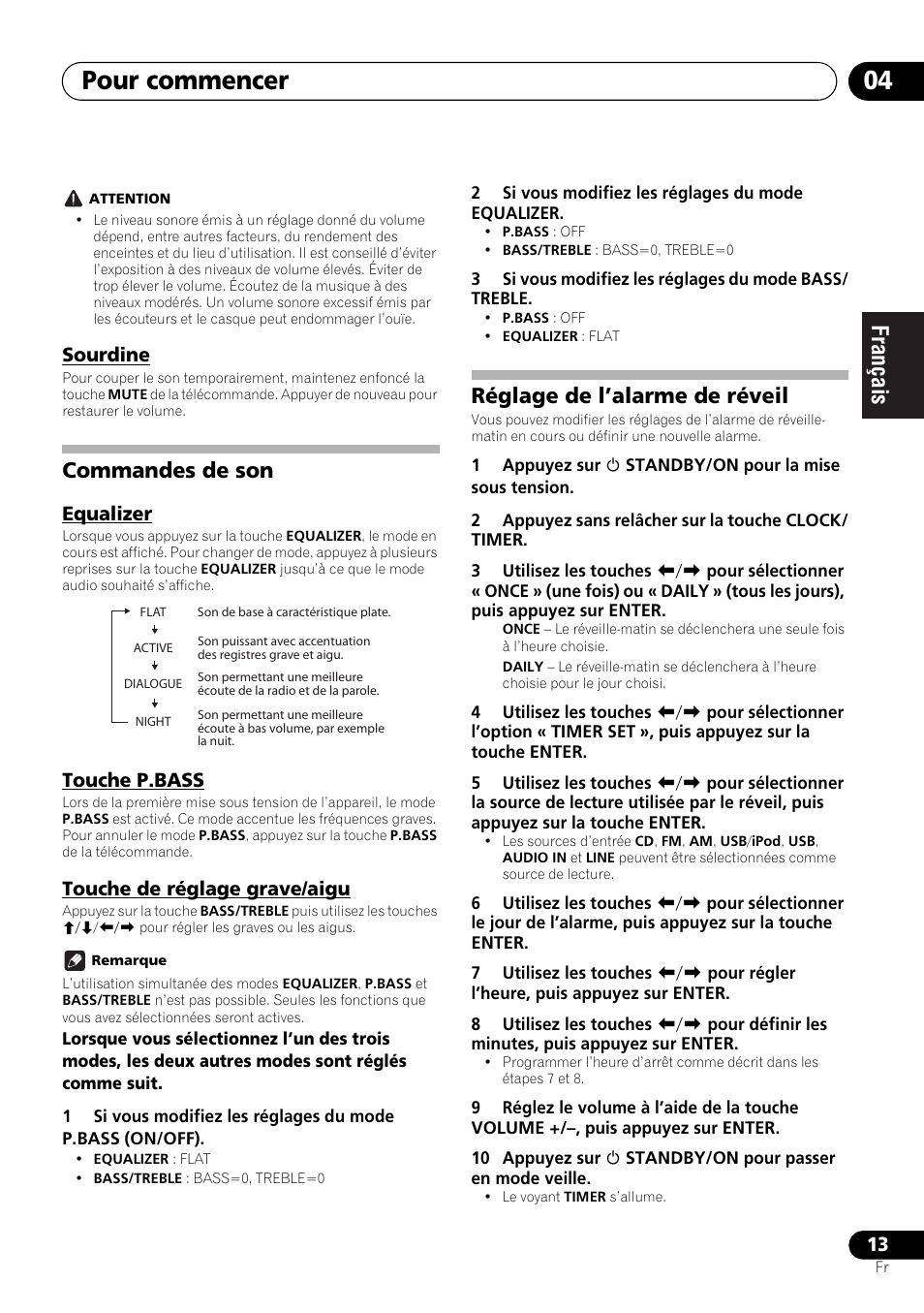 Sourdine, Commandes de son, Réglage de l’alarme de réveil | Pour commencer 04 | Pioneer X-HM21-K User Manual | Page 45 / 228