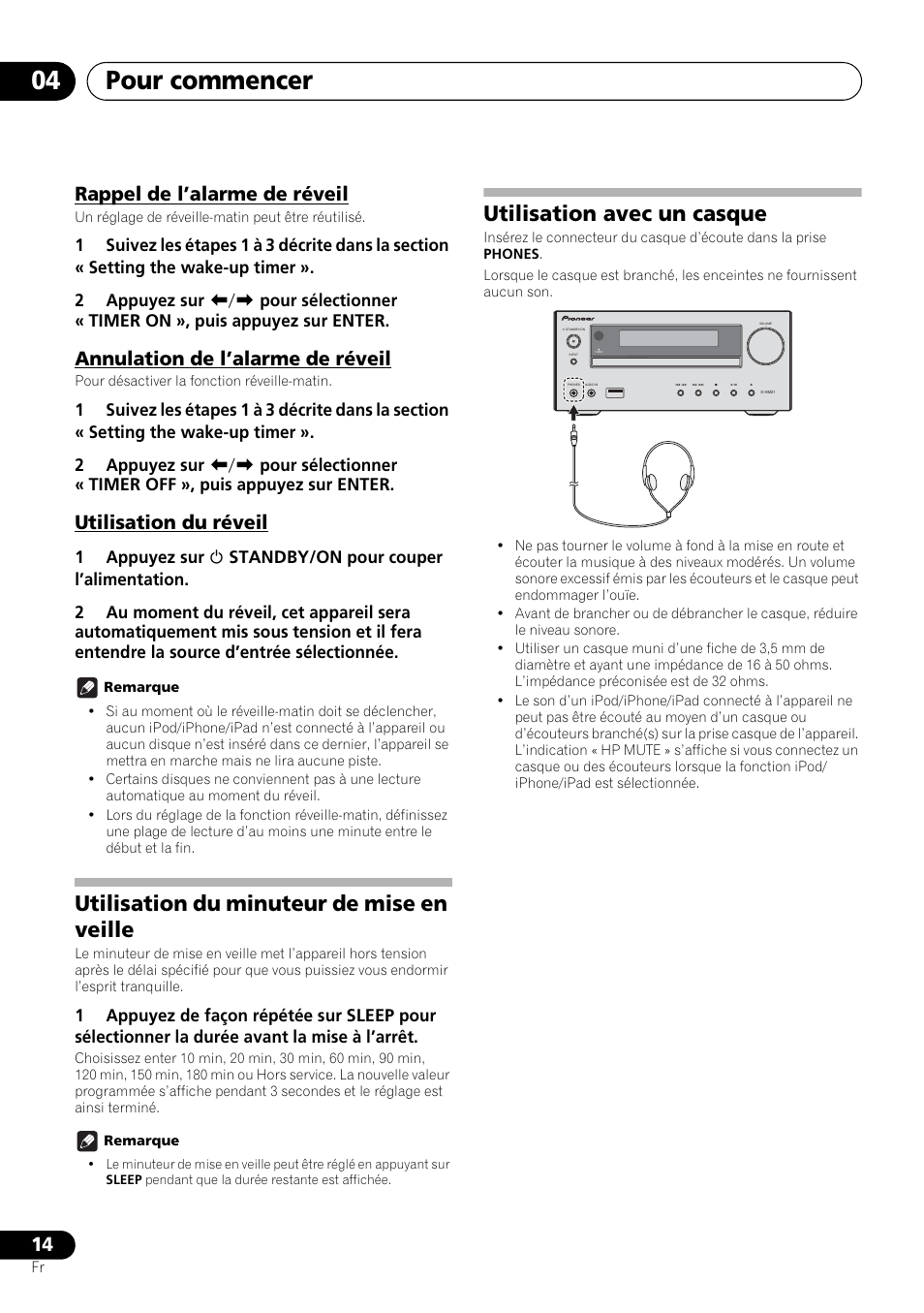 Pour commencer 04, Utilisation du minuteur de mise en veille, Utilisation avec un casque | Rappel de l’alarme de réveil, Annulation de l’alarme de réveil, Utilisation du réveil | Pioneer X-HM21-K User Manual | Page 46 / 228