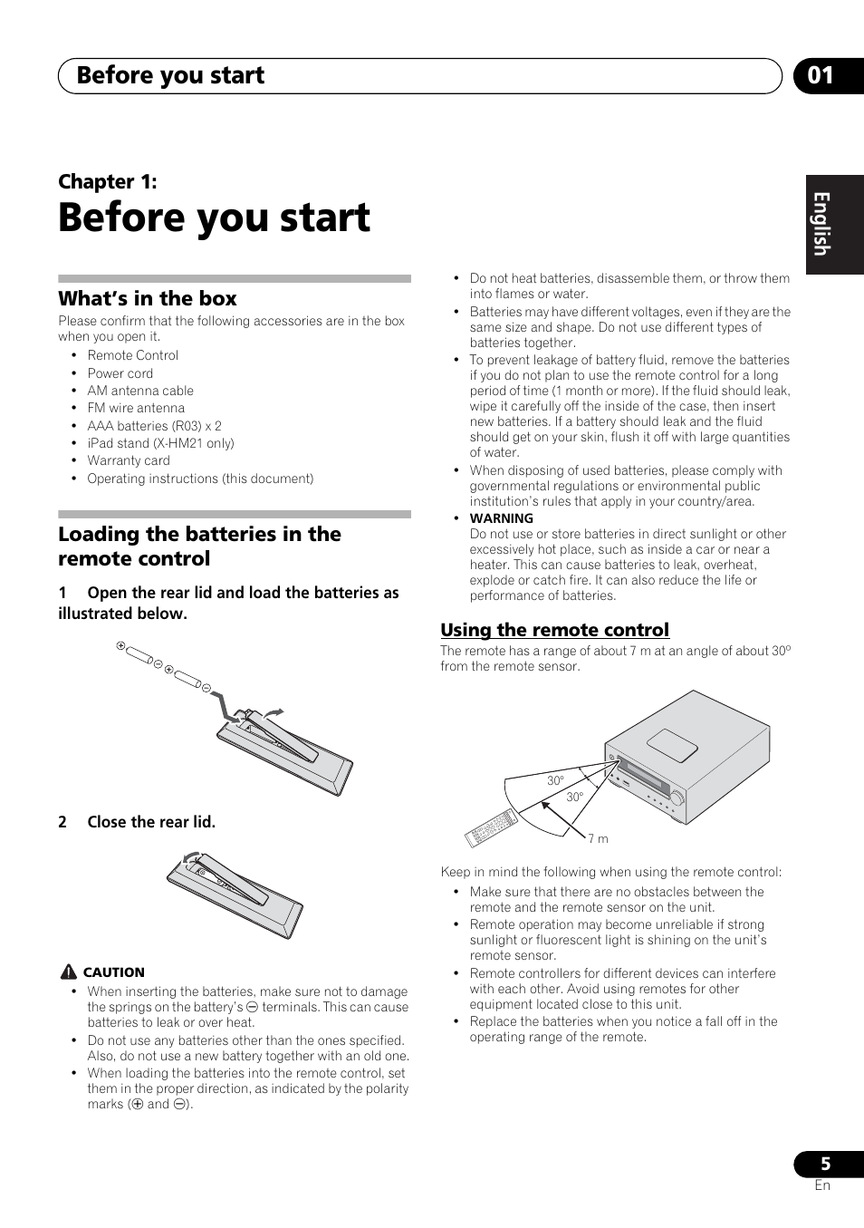01 before you start, Using the remote control, Before you start | Before you start 01, English français español, Chapter 1, What’s in the box, Loading the batteries in the remote control | Pioneer X-HM21-K User Manual | Page 5 / 228