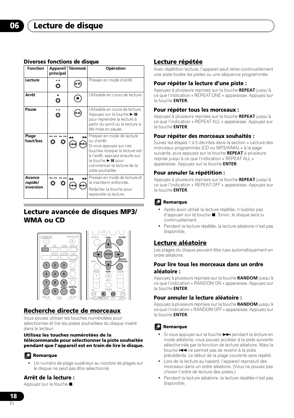 Lecture avancée de disques mp3/wma ou cd, Lecture de disque 06, Lecture avancée de disques mp3/ wma ou cd | Recherche directe de morceaux, Lecture répétée, Lecture aléatoire, Diverses fonctions de disque, Arrêt de la lecture, Pour répéter la lecture d’une piste, Pour répéter tous les morceaux | Pioneer X-HM21-K User Manual | Page 50 / 228