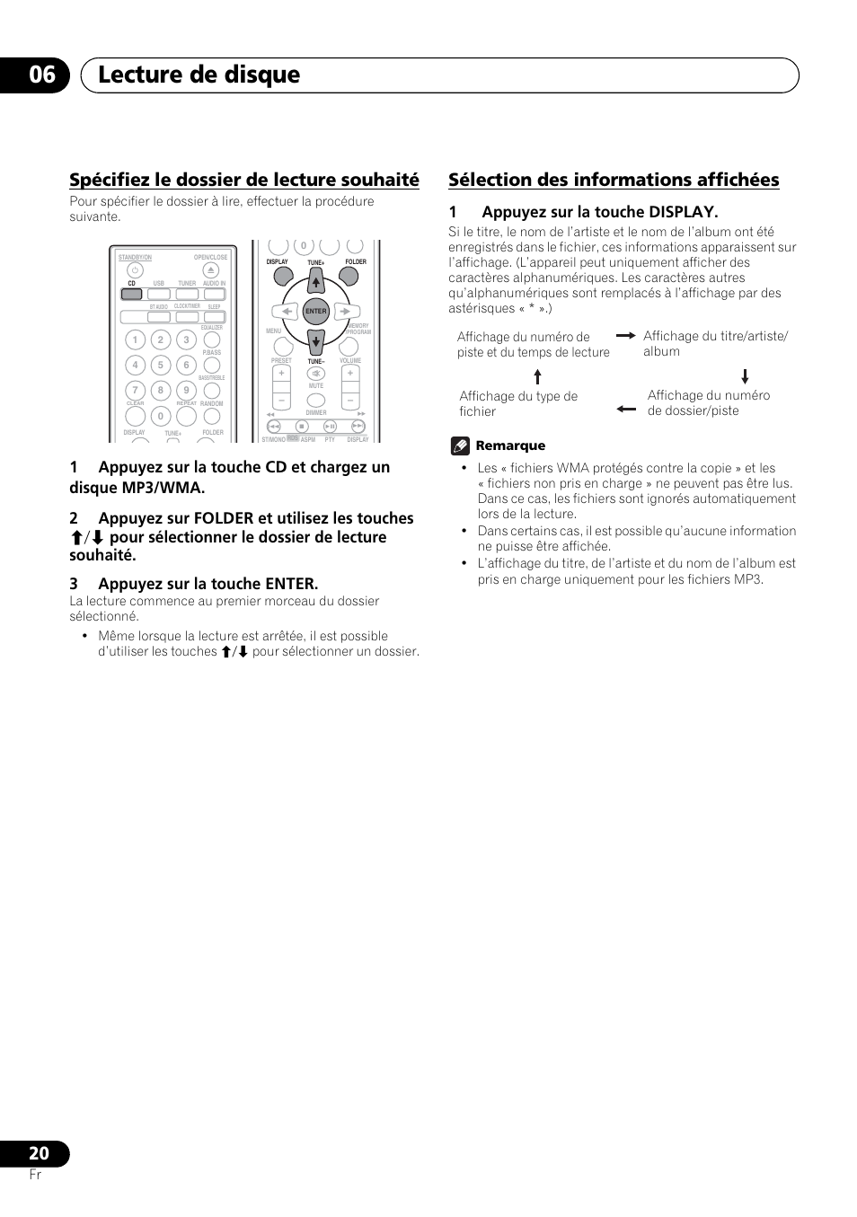 Lecture de disque 06, Spécifiez le dossier de lecture souhaité, Sélection des informations affichées | 1appuyez sur la touche display | Pioneer X-HM21-K User Manual | Page 52 / 228