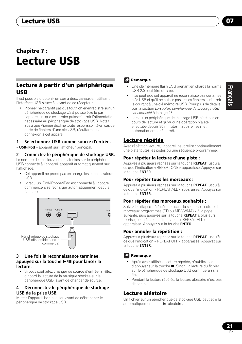 07 lecture usb, Lecture à partir d’un périphérique usb, Lecture répétée lecture aléatoire | Lecture usb, Lecture usb 07, Chapitre 7, Lecture répétée, Lecture aléatoire | Pioneer X-HM21-K User Manual | Page 53 / 228