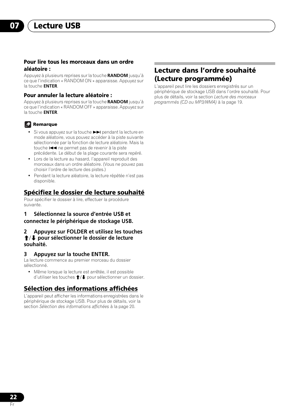Lecture dans l’ordre souhaité (lecture programmée), Lecture usb 07, Spécifiez le dossier de lecture souhaité | Sélection des informations affichées | Pioneer X-HM21-K User Manual | Page 54 / 228