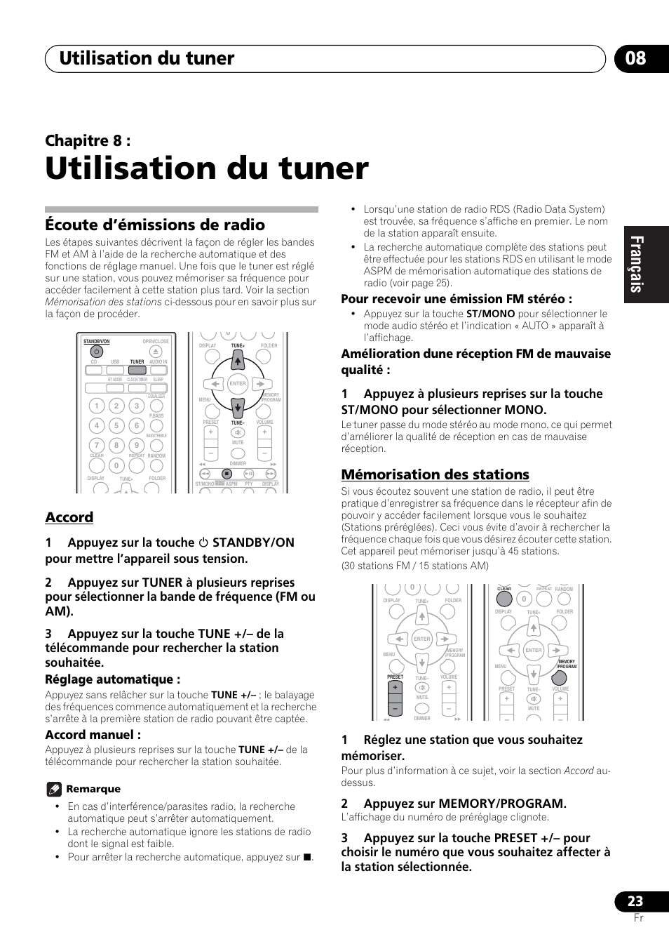 08 utilisation du tuner, Écoute d’émissions de radio, Accord mémorisation des stations | Utilisation du tuner, Utilisation du tuner 08, Chapitre 8, Accord, Mémorisation des stations, Accord manuel, Pour recevoir une émission fm stéréo | Pioneer X-HM21-K User Manual | Page 55 / 228