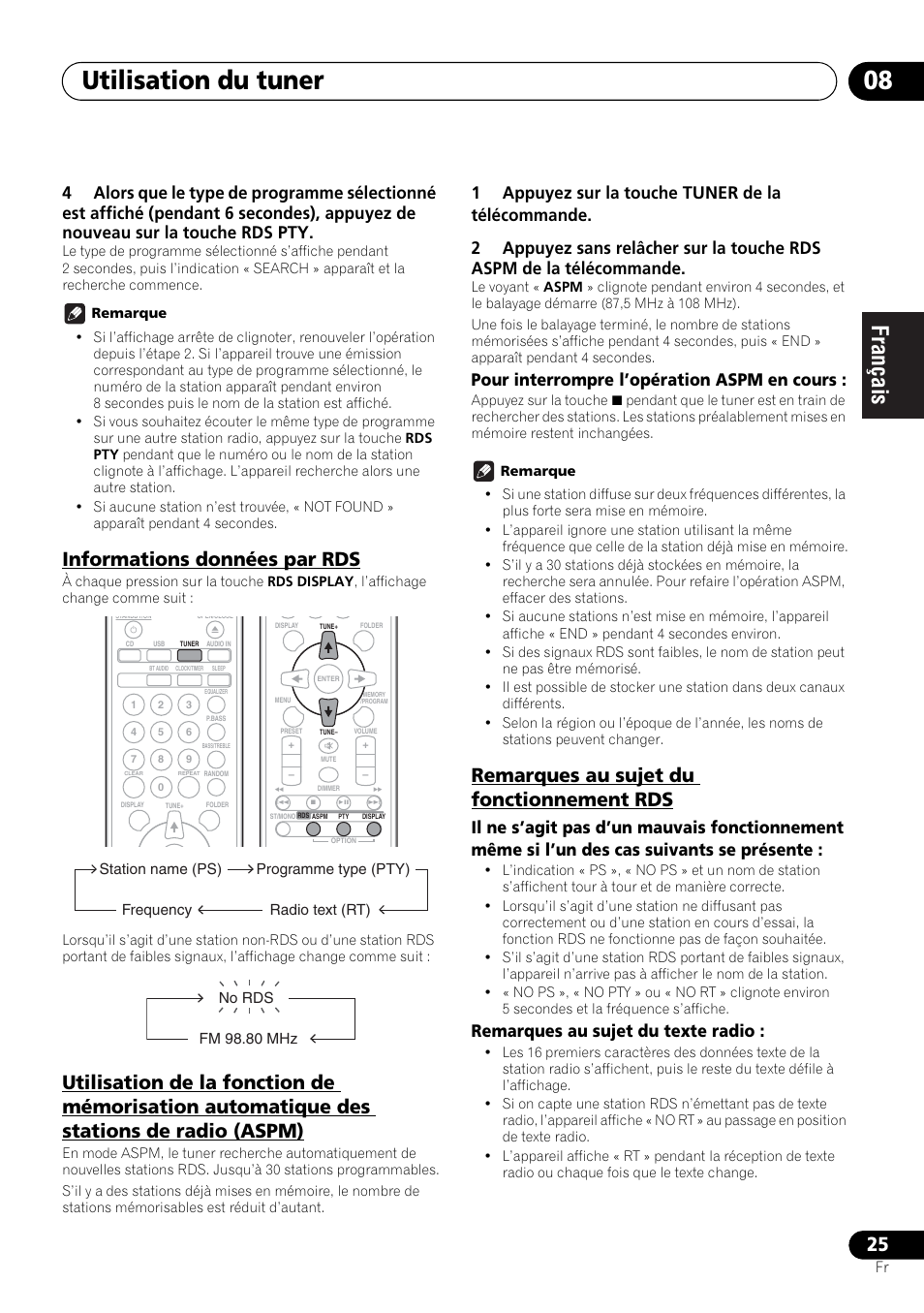 Utilisation du tuner 08, Informations données par rds, Remarques au sujet du fonctionnement rds | Pour interrompre l’opération aspm en cours, Remarques au sujet du texte radio | Pioneer X-HM21-K User Manual | Page 57 / 228