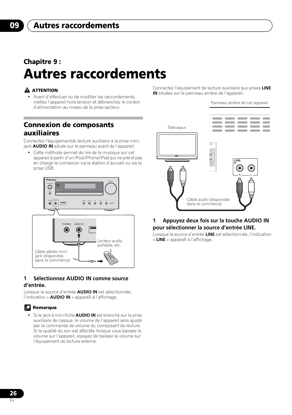 09 autres raccordements, Connexion de composants auxiliaires, Autres raccordements | Autres raccordements 09, Chapitre 9, 1sélectionnez audio in comme source d’entrée | Pioneer X-HM21-K User Manual | Page 58 / 228