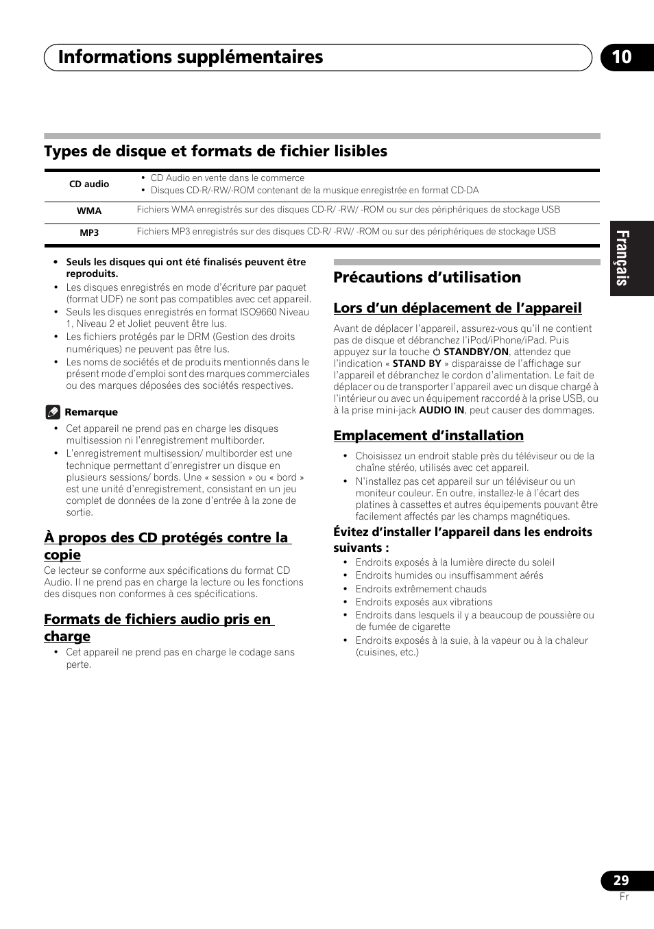 Types de disque et formats de fichier lisibles, Précautions d’utilisation, Informations supplémentaires 10 | À propos des cd protégés contre la copie, Formats de fichiers audio pris en charge, Lors d’un déplacement de l’appareil, Emplacement d’installation | Pioneer X-HM21-K User Manual | Page 61 / 228