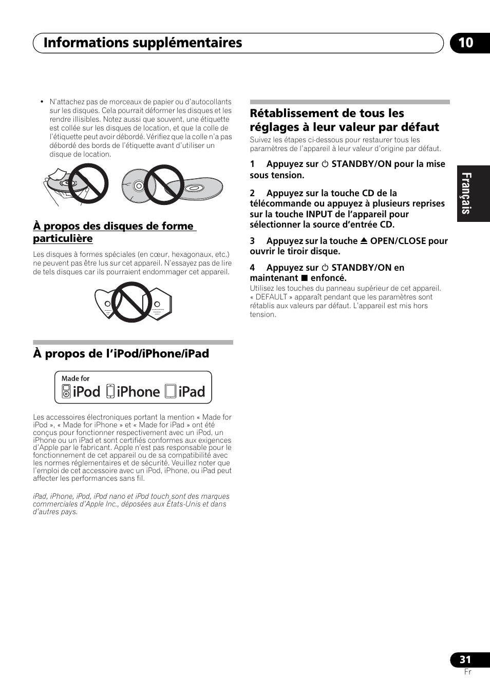 À propos des disques de forme particulière, Informations supplémentaires 10 | Pioneer X-HM21-K User Manual | Page 63 / 228