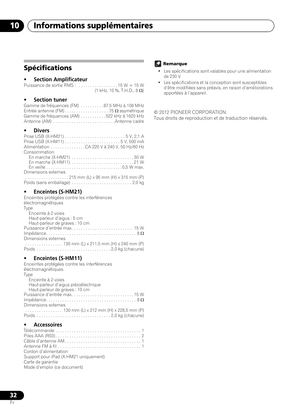 Spécifications, Informations supplémentaires 10 | Pioneer X-HM21-K User Manual | Page 64 / 228