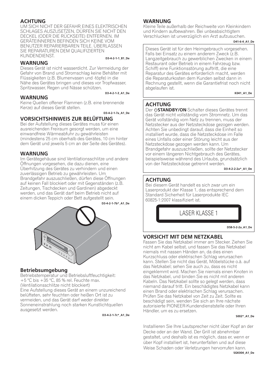 X-hm21_11_syxe8_de, Laser klasse 1, Achtung | Vorsicht mit dem netzkabel, Warnung, Betriebsumgebung, Vorsichtshinweis zur belüftung | Pioneer X-HM21-K User Manual | Page 66 / 228