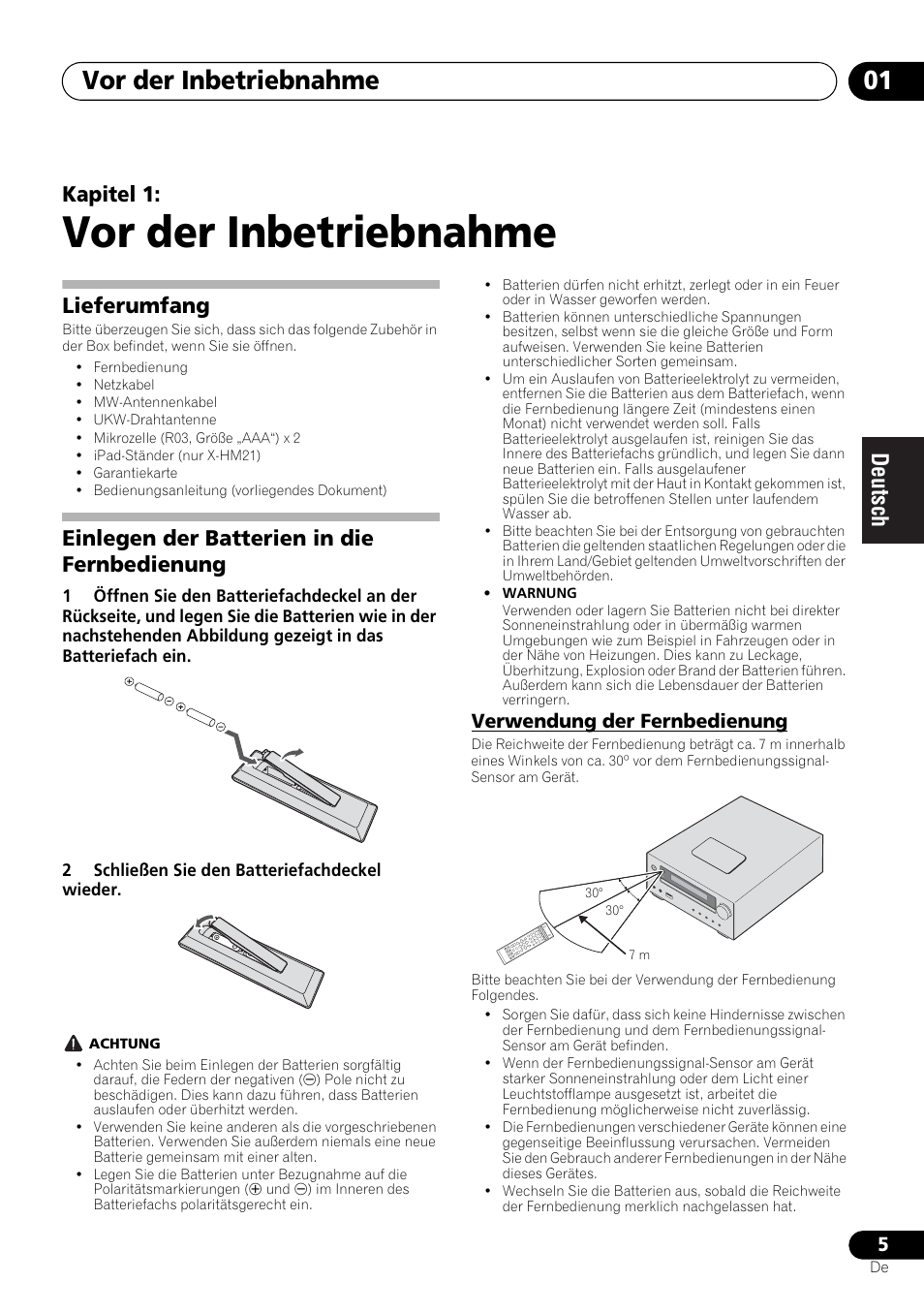 01 vor der inbetriebnahme, Verwendung der fernbedienung, Vor der inbetriebnahme | Vor der inbetriebnahme 01, Kapitel 1, Lieferumfang, Einlegen der batterien in die fernbedienung | Pioneer X-HM21-K User Manual | Page 69 / 228