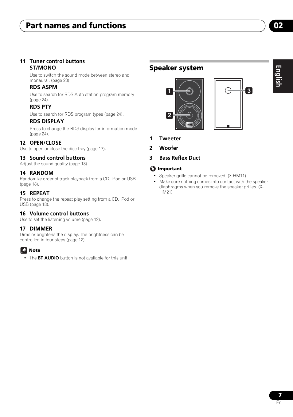 Speaker system, Part names and functions 02, English français español | Pioneer X-HM21-K User Manual | Page 7 / 228