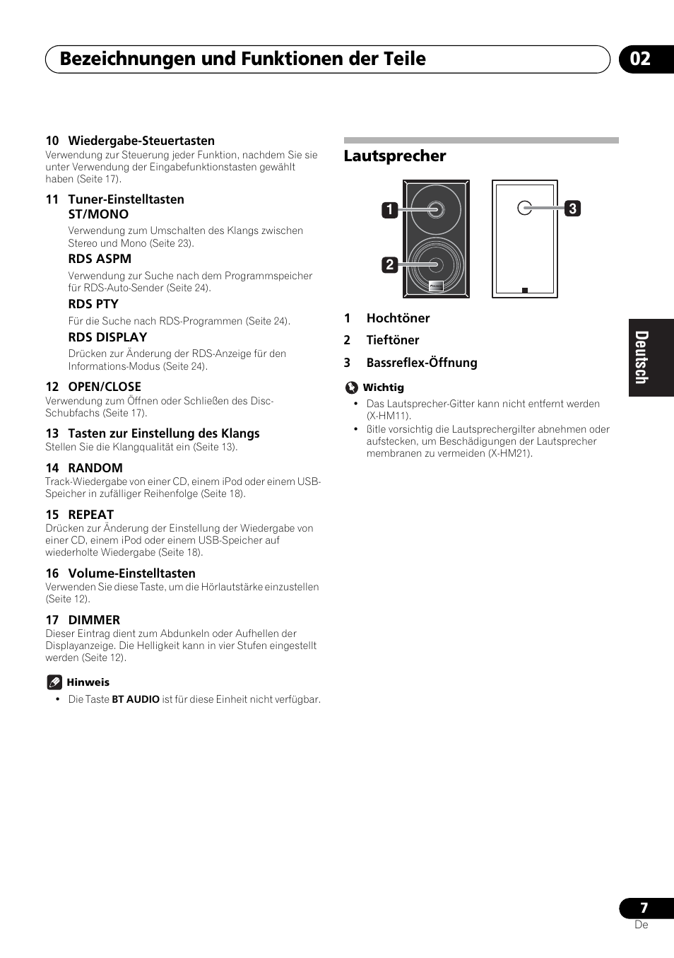 Lautsprecher, Bezeichnungen und funktionen der teile 02 | Pioneer X-HM21-K User Manual | Page 71 / 228