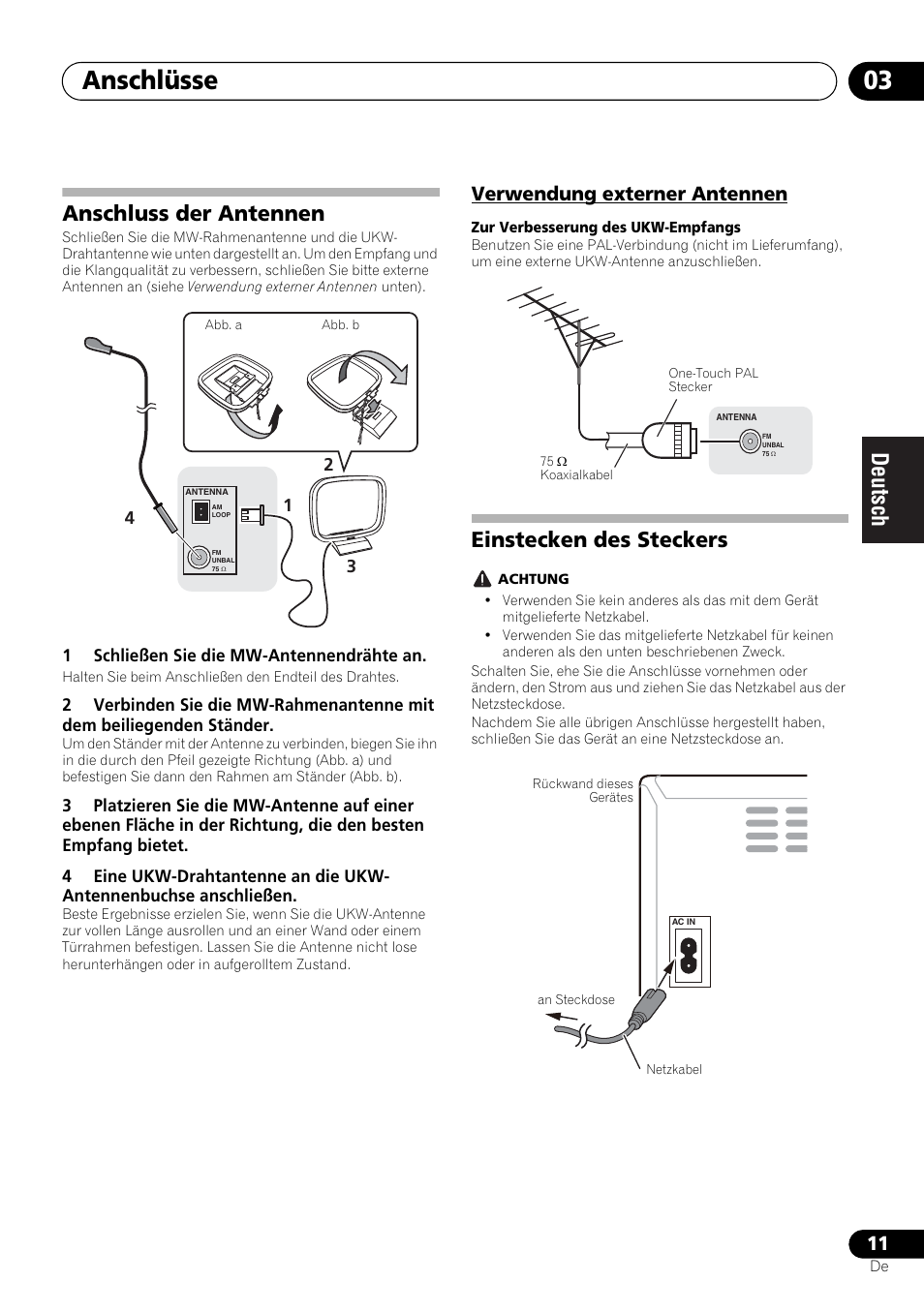 Anschluss der antennen, Verwendung externer antennen, Einstecken des steckers | Anschlüsse 03 | Pioneer X-HM21-K User Manual | Page 75 / 228